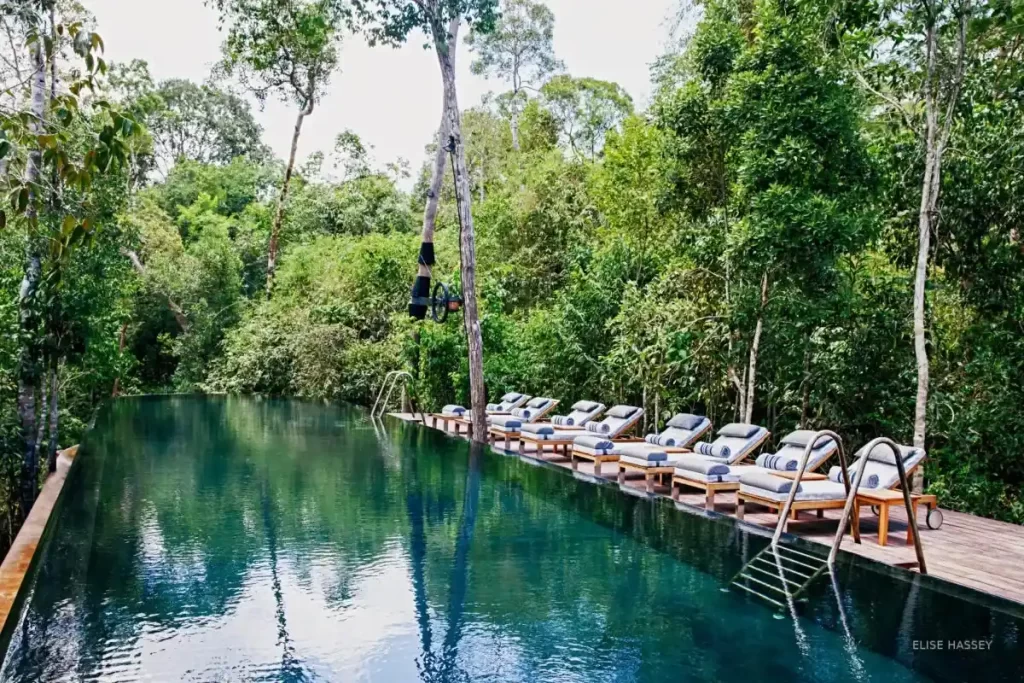 piscina de agua natural rodeada de arboles y con sillas para que puedas sentarte y relajarte