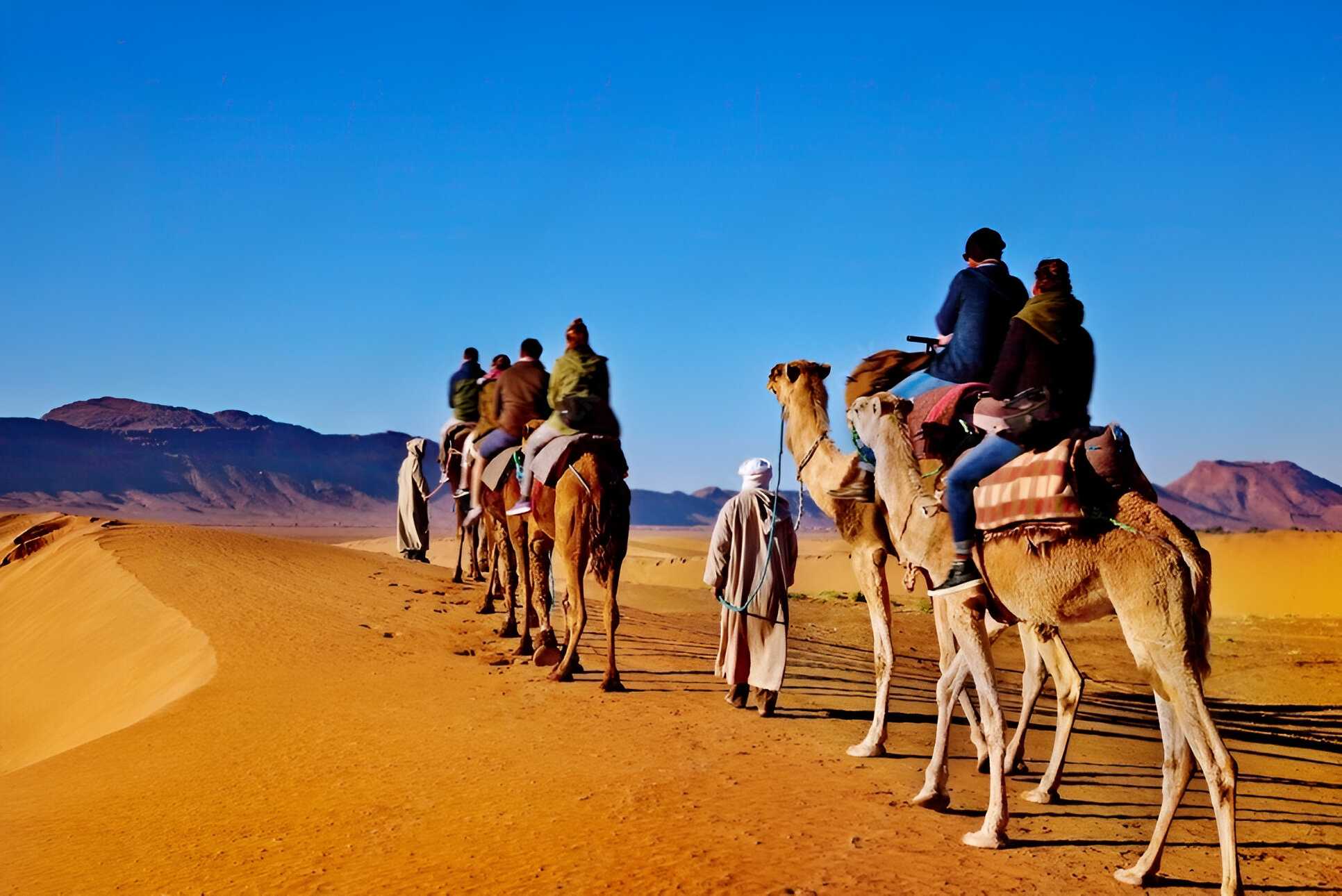 turistas en un recorrido por el desierto de marruecos en camello