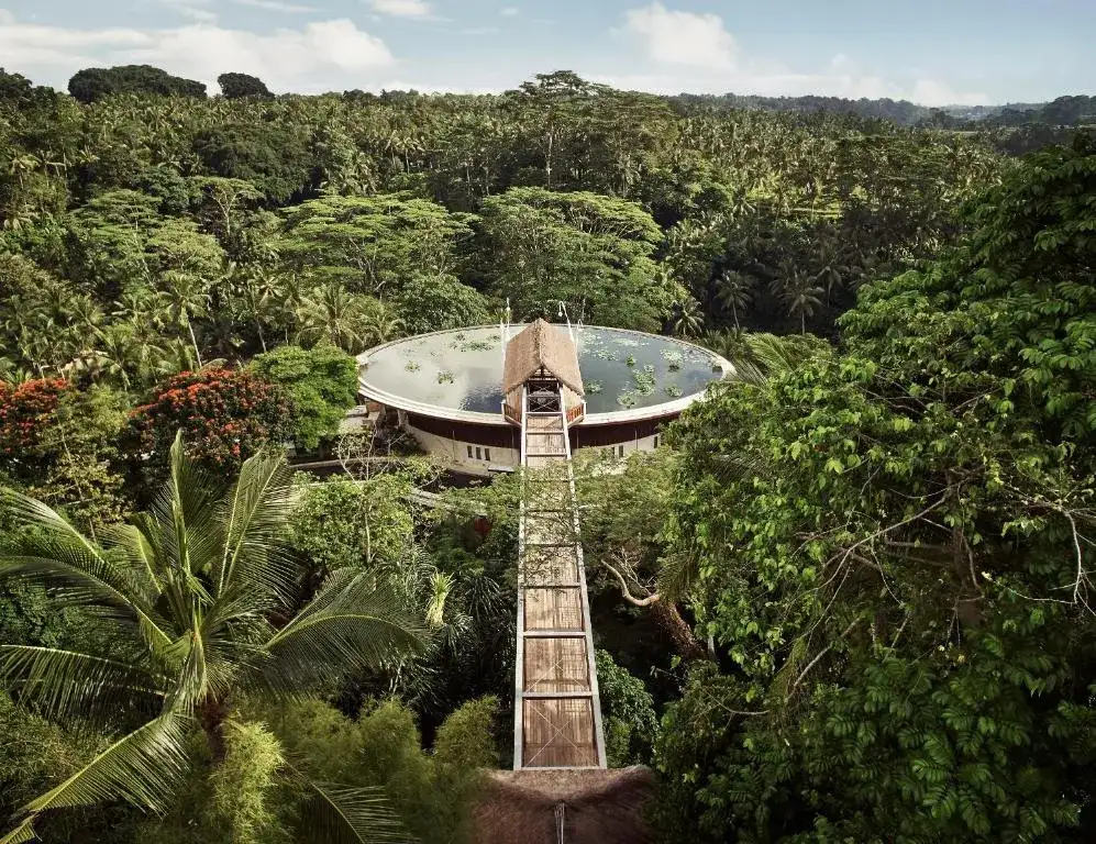 vista de four seasons resort en bali rodeado de arboles y jardines.