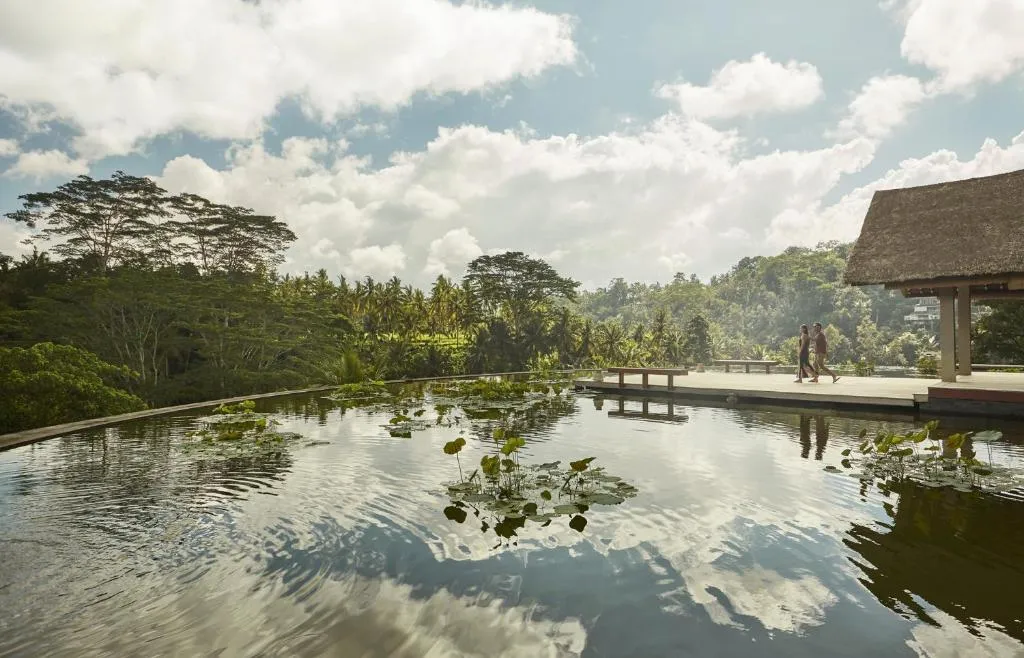 turistas caminando alrededor de la piscina de agua natural en Bali