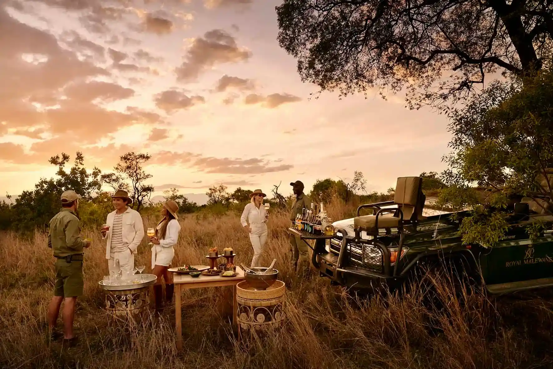 turistas tomado vino con los guías del safari en un atardecer