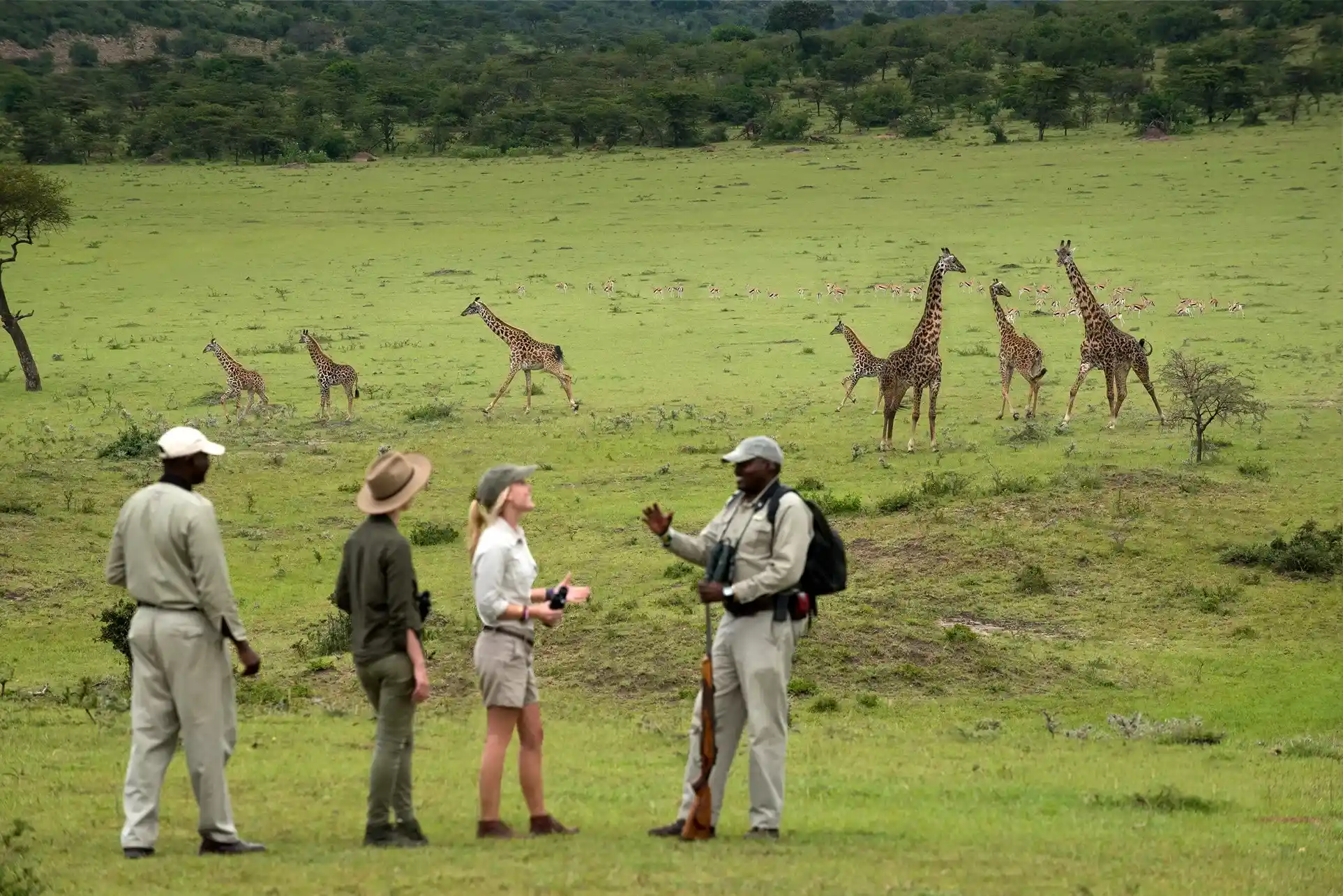 turistas recorriendo el safari en compañía de los guías