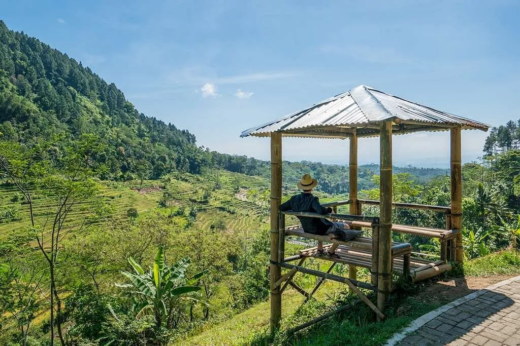 turistas sentado en una caseta mirando las montañas y la zona verde en amanjiwo