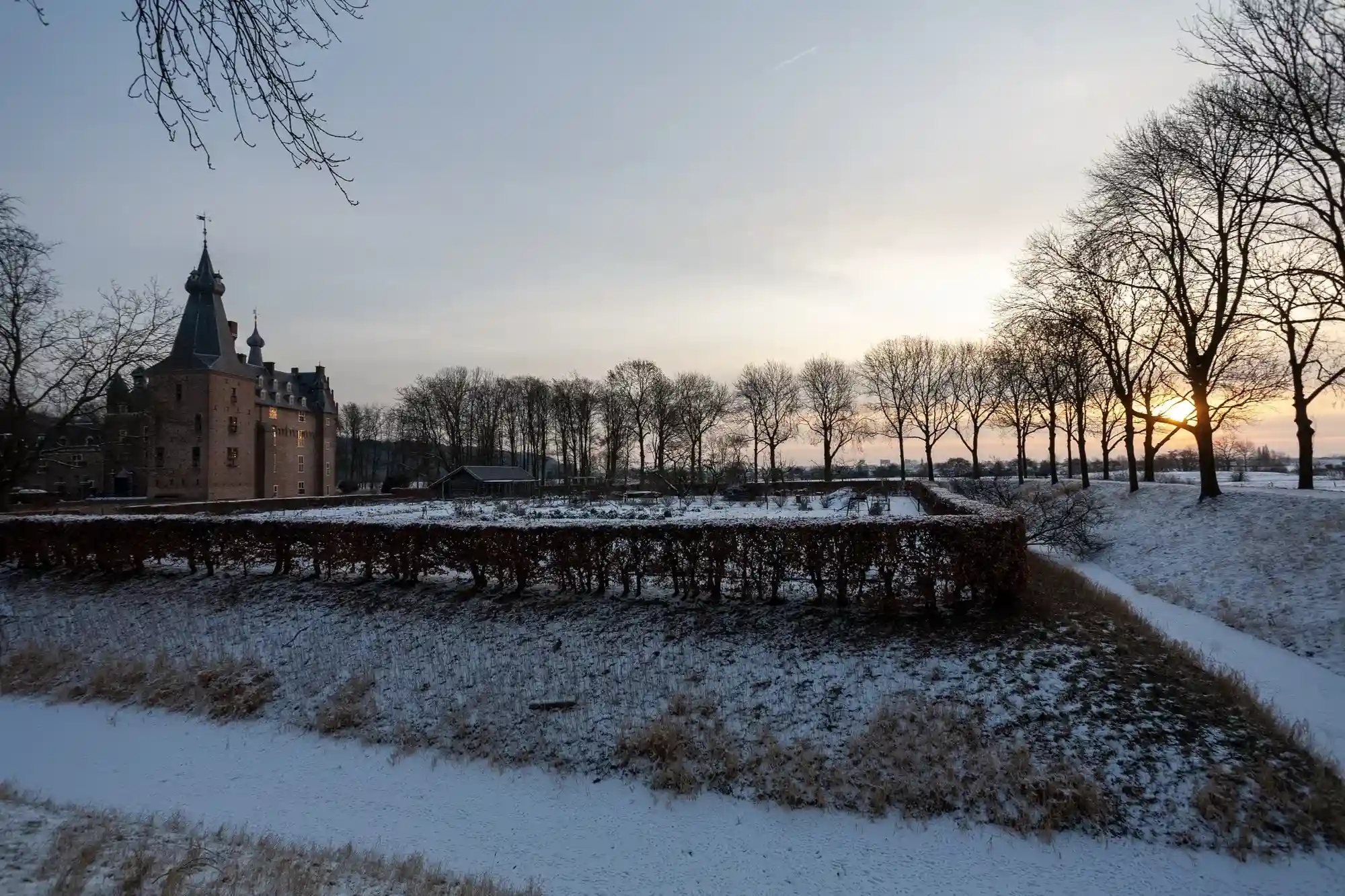 casas rodeada de arboles secos y caminos cubiertos de nieve blanca al amanecer perfecto para quienes disfrutan de lugares fríos.