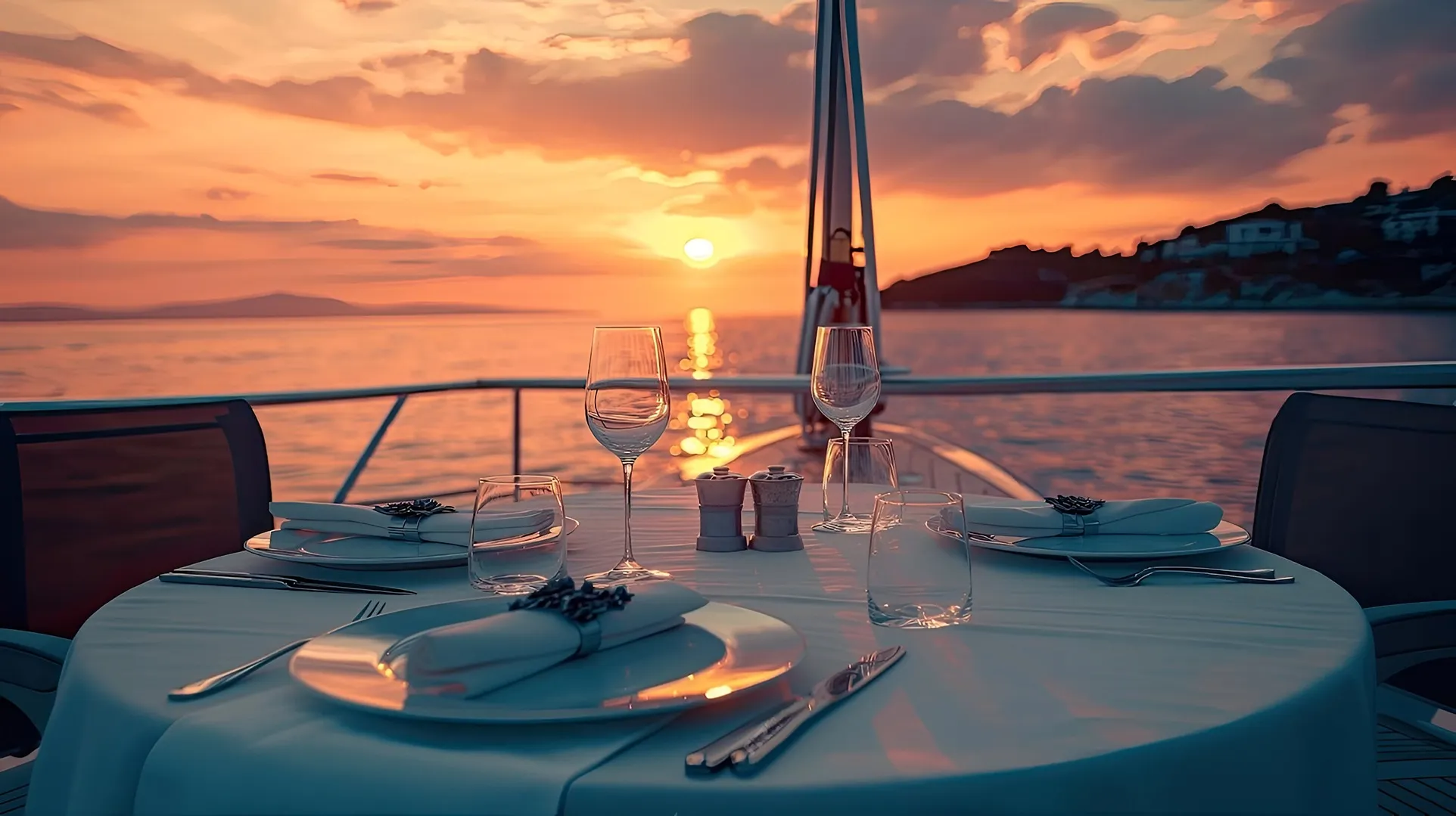 cena romántica al aire libre en el crucero en medio del atardecer
