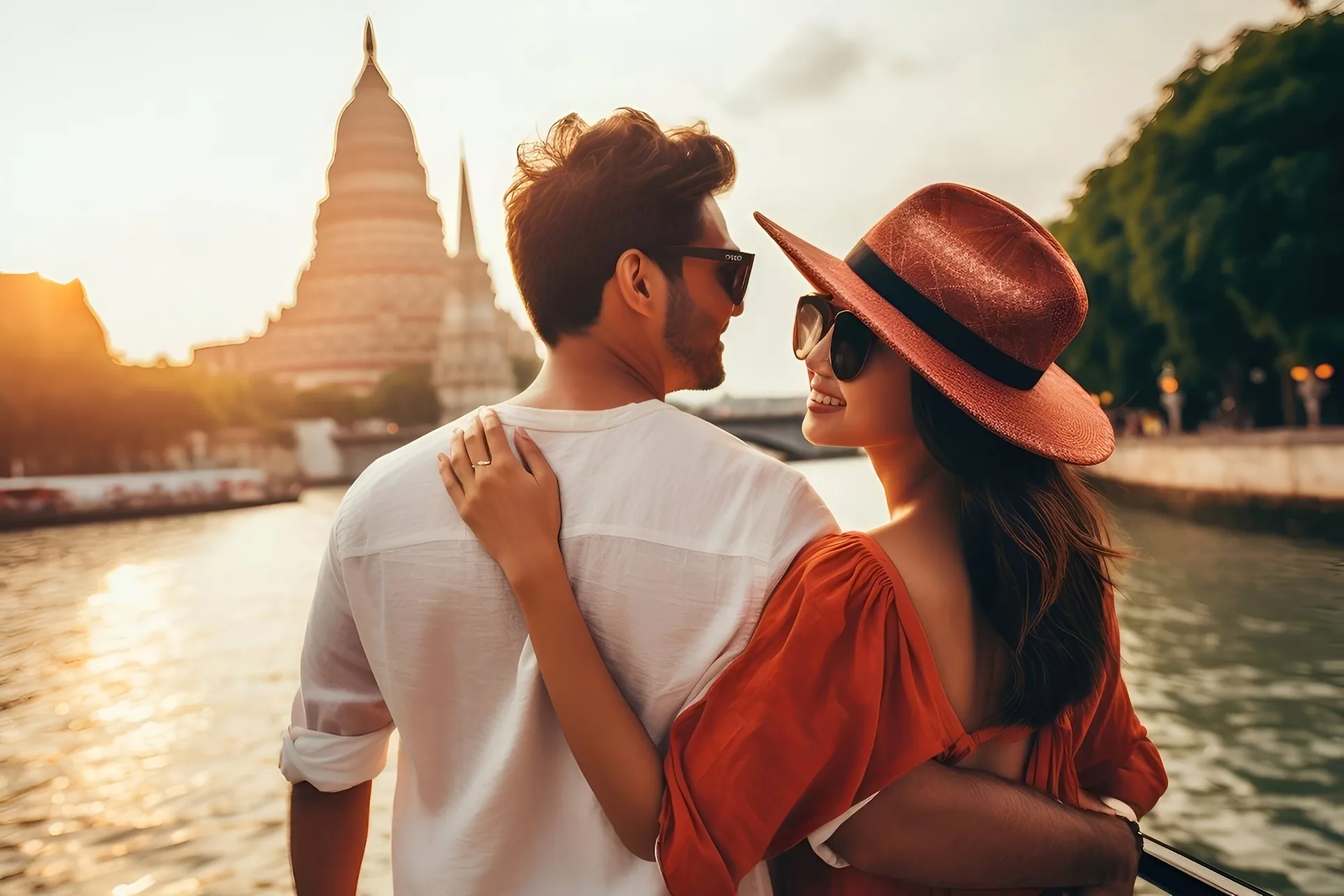 pareja disfrutando de un agradable vacaciones en el atardecer