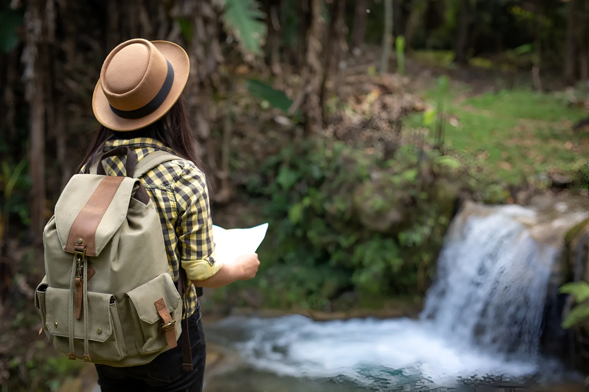 turista explorando y mirando hacia la cascada en el bosque, un lugar para disfrutar de un agradable clima.