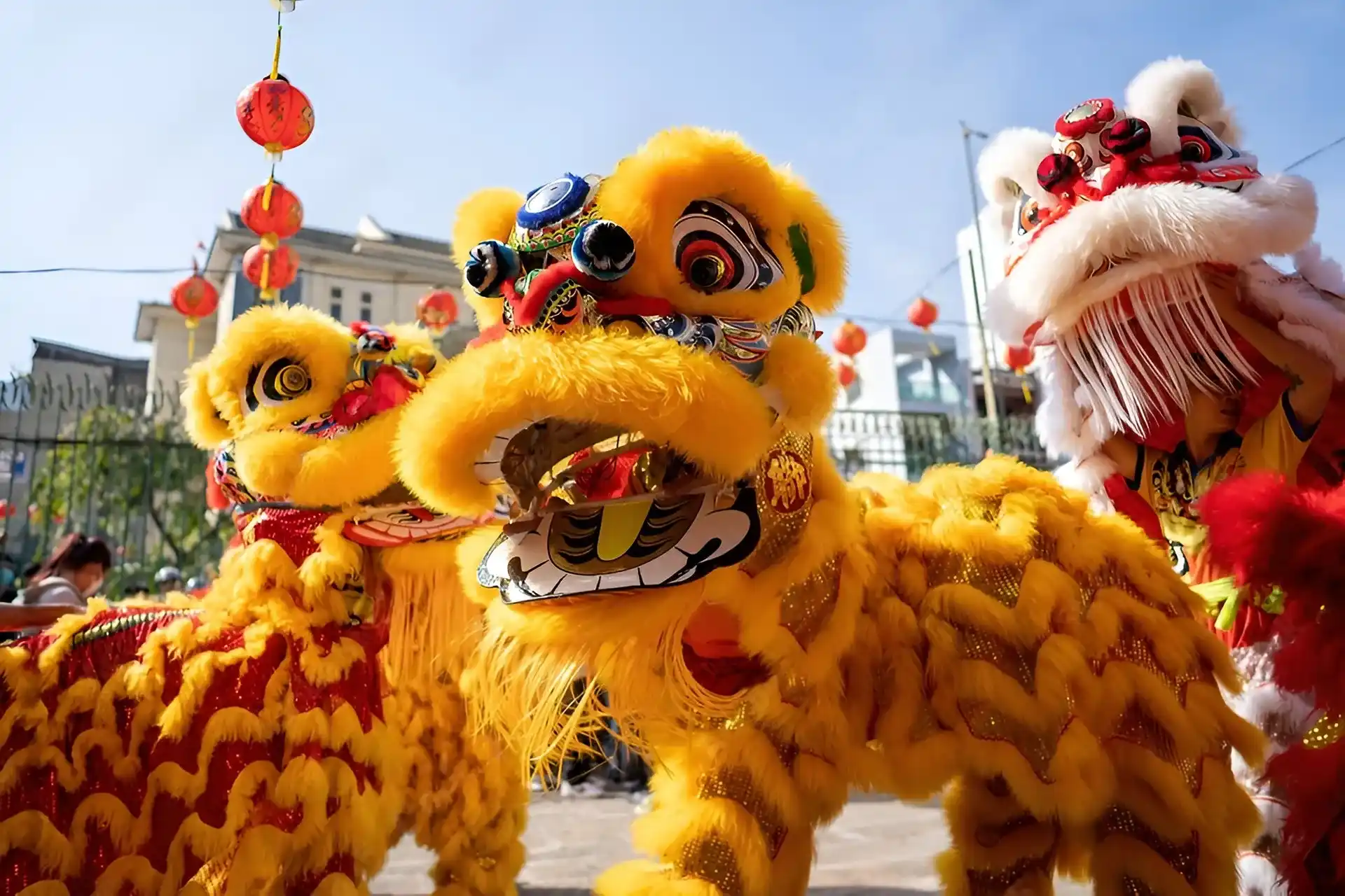personas disfrazadas de dragones coloridos en unos de los carnavales ancestrales