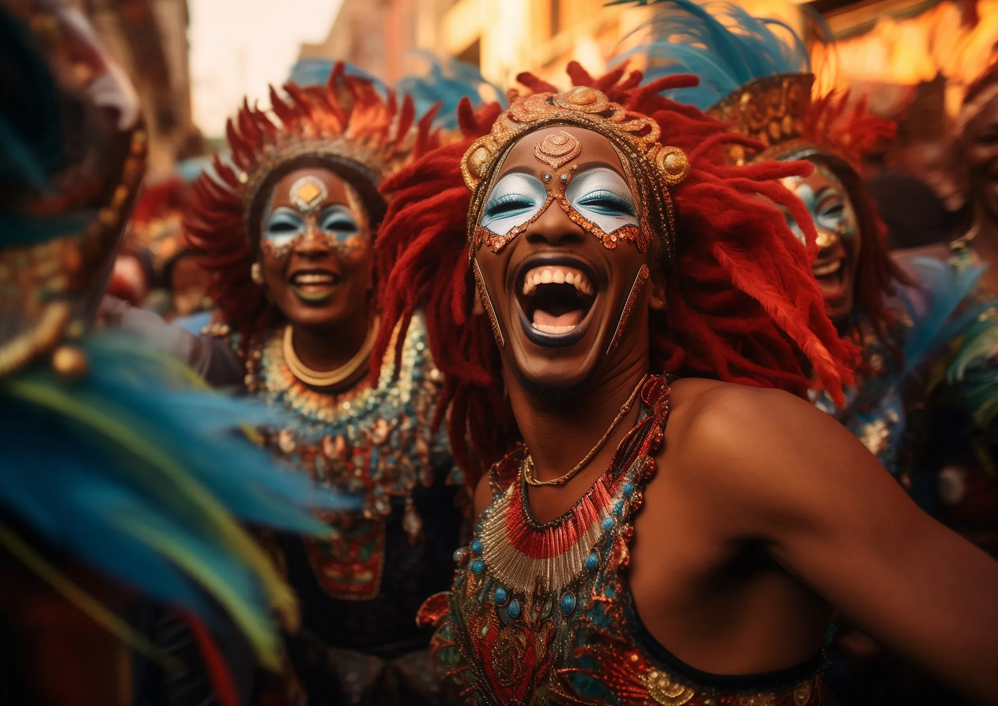 personas alegres en un carnaval, con un estilo colorido
